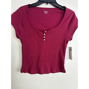 No Boundaries Ribbed Henley Tee Burgundy L 12-14 NWT